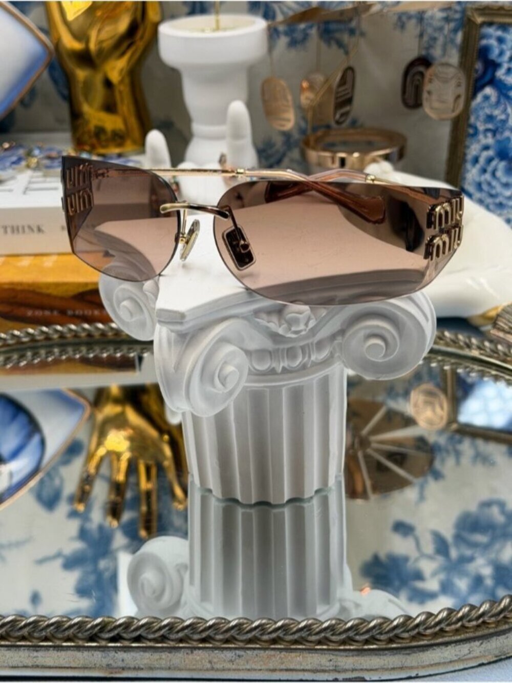 🆕 MIU MIU 🧿 NWOT SMU A51S Rimless Rectangular Sunglasses, Bronze Lens w Gold